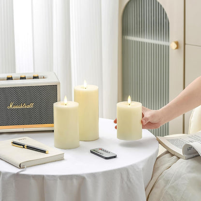 Stmarry White Flameless Candles with Remote and Timer, Real Wax Made LED Pillar Candles Battery Operated with 3D Flickering Flame - 3" x 4",5",6" - Set of 3