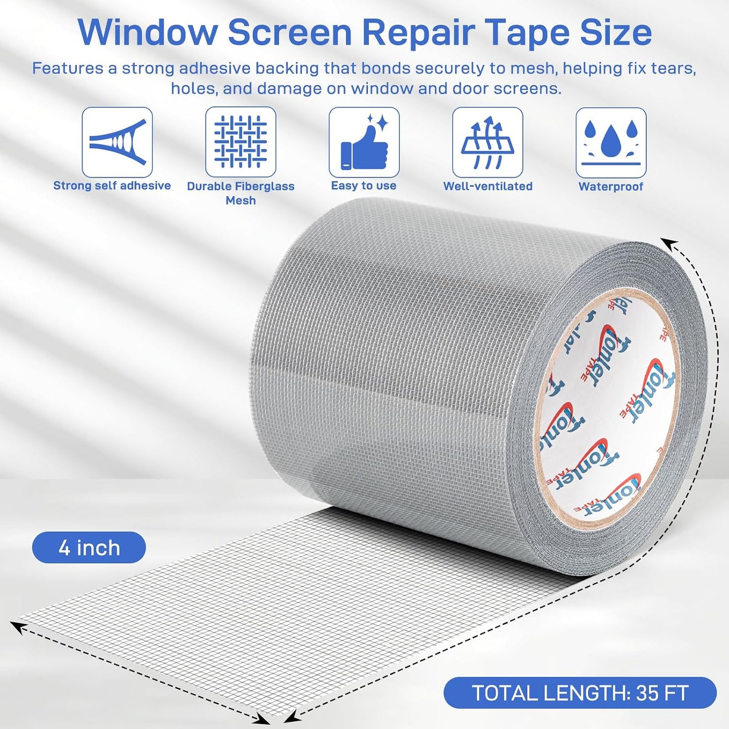 Gray Window Screen Repair Tape 2 in X 35 FT Fiberglass Screen Patch Strong Adhesive Mesh Tape for Window & Door Screen Holes & Tears Repair Kit