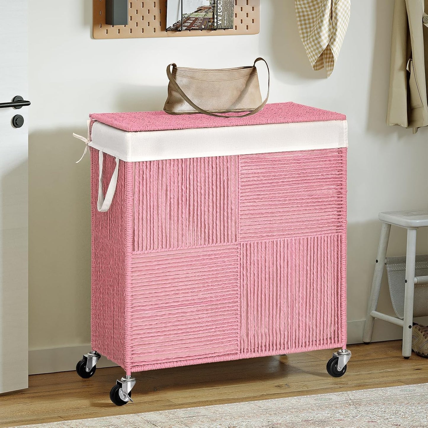 WOWLIVE Double Laundry Hamper with Lid, Handwoven Rolling Laundry Basket with Wheels, 115L Dirty Clothes Hamper with Removable Liner Bag Large Capacity Laundry Sorter Laundry Room Organization,Natural