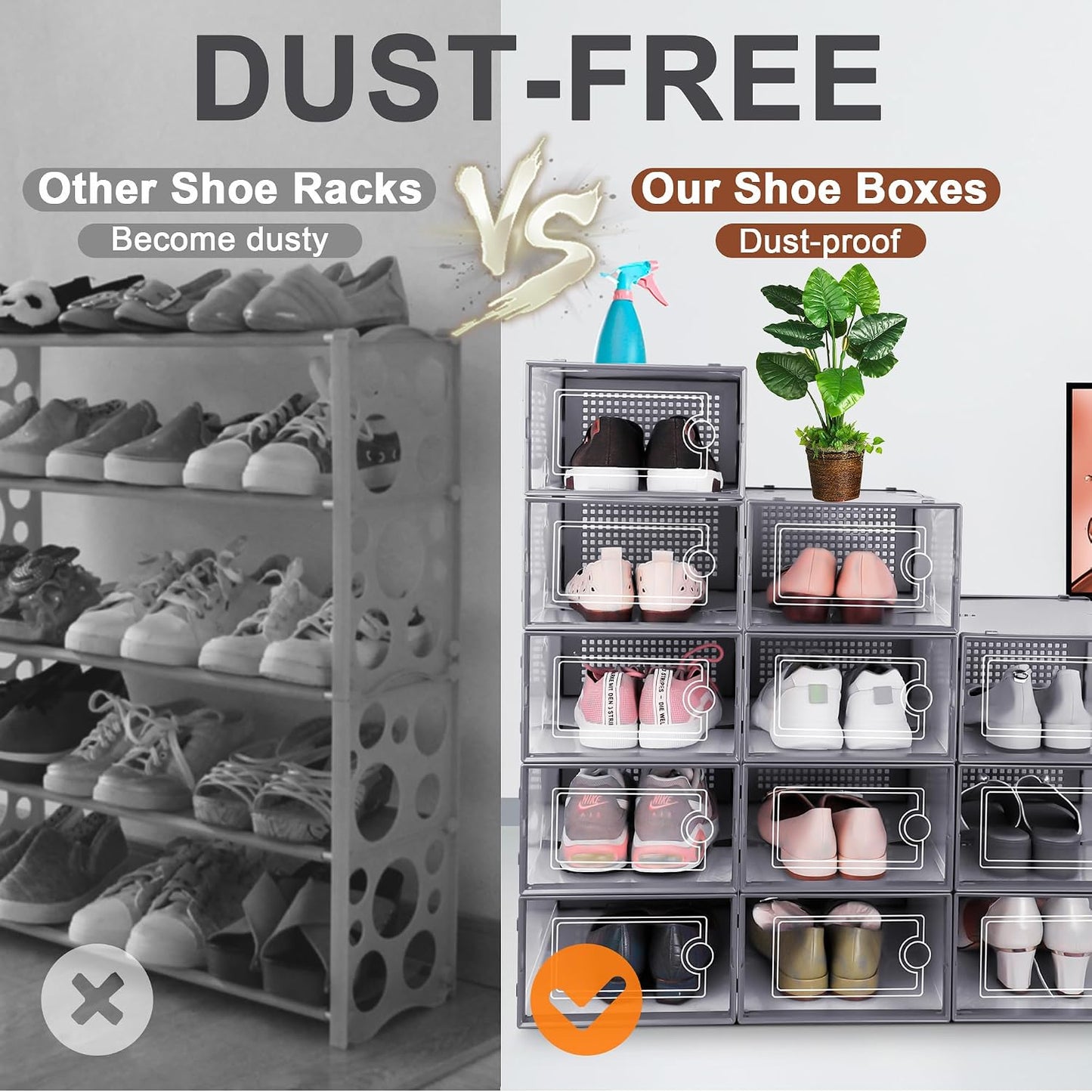 Kuject 12 Pack Large Shoe Boxes, Clear Stackable Containers with Lids,Black | Shoe organizers for closet & entryway, under-bed,Drop-front design fits women's size 10