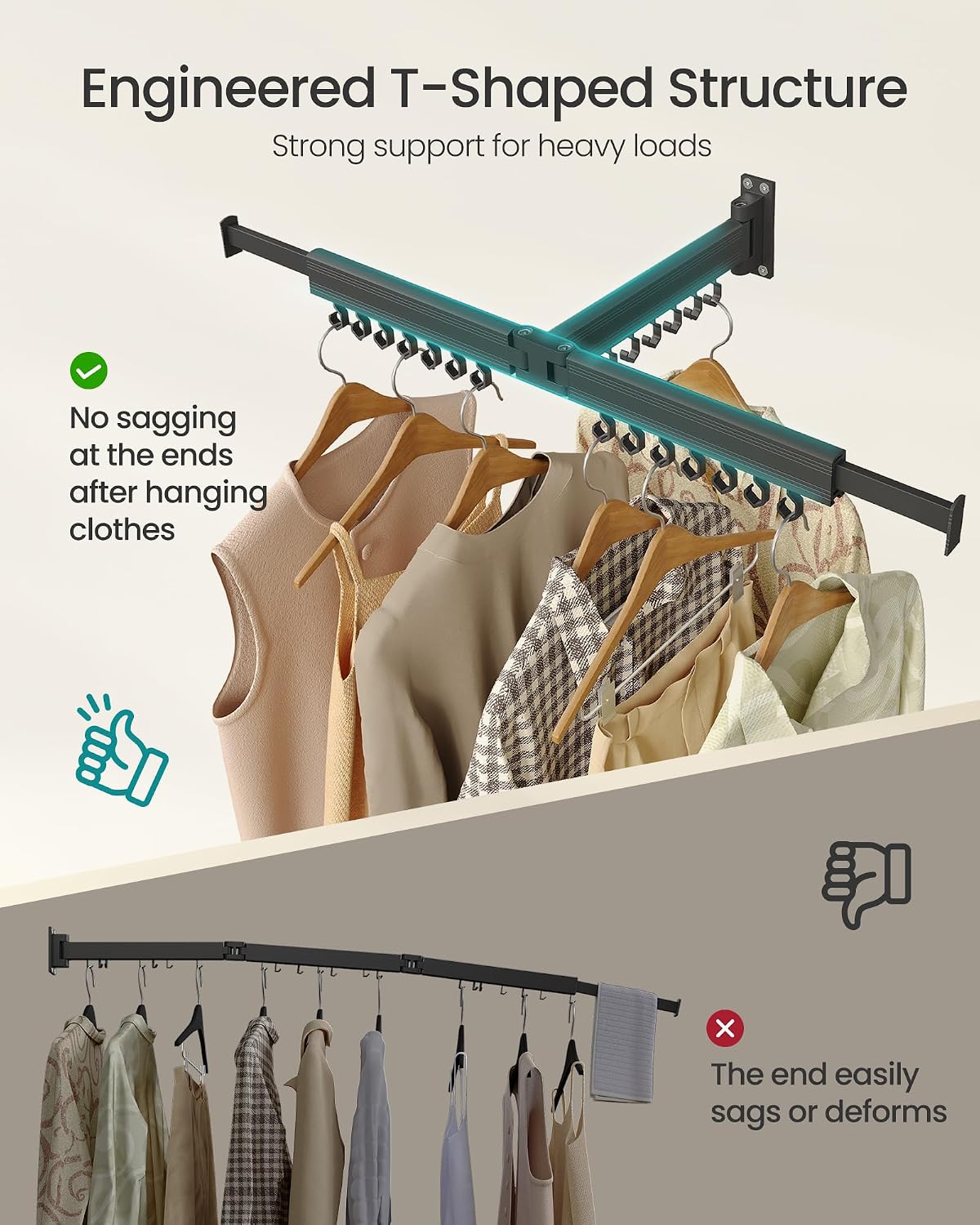 SONGMICS Clothes Drying Rack, Wall-Mounted Laundry Drying Rack, Extendable, Foldable Arms, with 21 Swivel Sliding Hooks, Space-Saving, for Laundry Room, Bathroom, Cloud White ULLR807W01