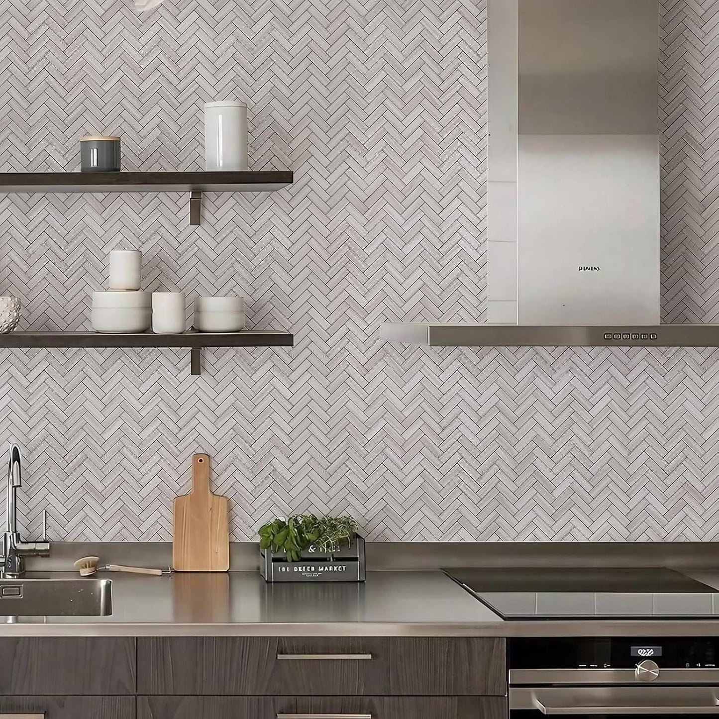 STICKGOO 10 Sheets Herringbone Peel and Stick Backsplash, Stick on Aluminum Composite PVC Kitchen Backsplash, Marble White Mixed Light Grey Look Self Adhesive Wall Tiles
