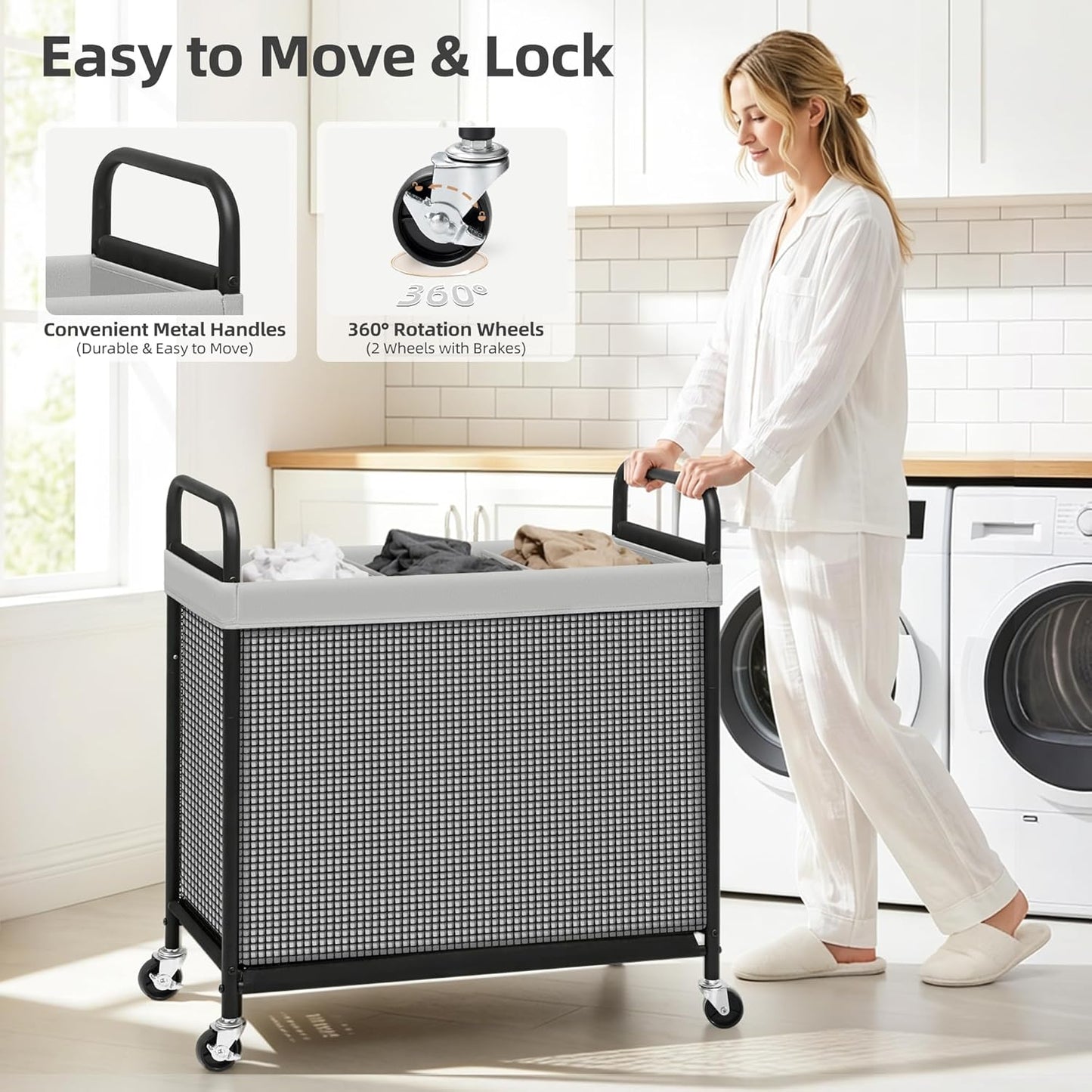 STORAGE MANIAC Rolling Laundry Hamper with Wheels 3-Section Laundry Sorter Rolling Laundrys Basket on Wheels with Removable Bag Clothes Hamper Laundrys Organizer Cart Bathroom Bedroom 120L Beige