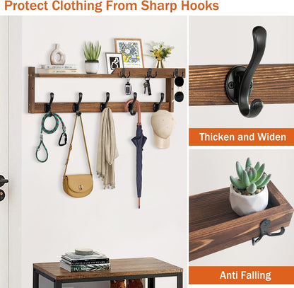 dreampossible Coat Rack Wall Mount with Shelf, Coat Hanger Wall Mount with Key Hooks and Mail Holder, Wood Entryway Floating Shelf with Hooks and Storage, Hat Rack for Wall Key Holder Mail Organizer