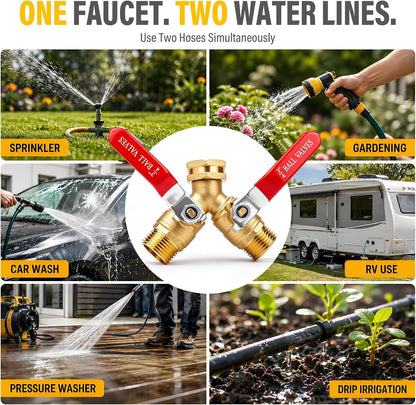 Hose Splitter 2 Way Heavy Duty, Full-Flow Brass Garden Hose Splitter with 304 Stainless Steel Long Handle, 3/4" GHT Faucet/Spigot/Hose Bib Connector, Outdoor Water Hose Splitter with Shutoff Valves