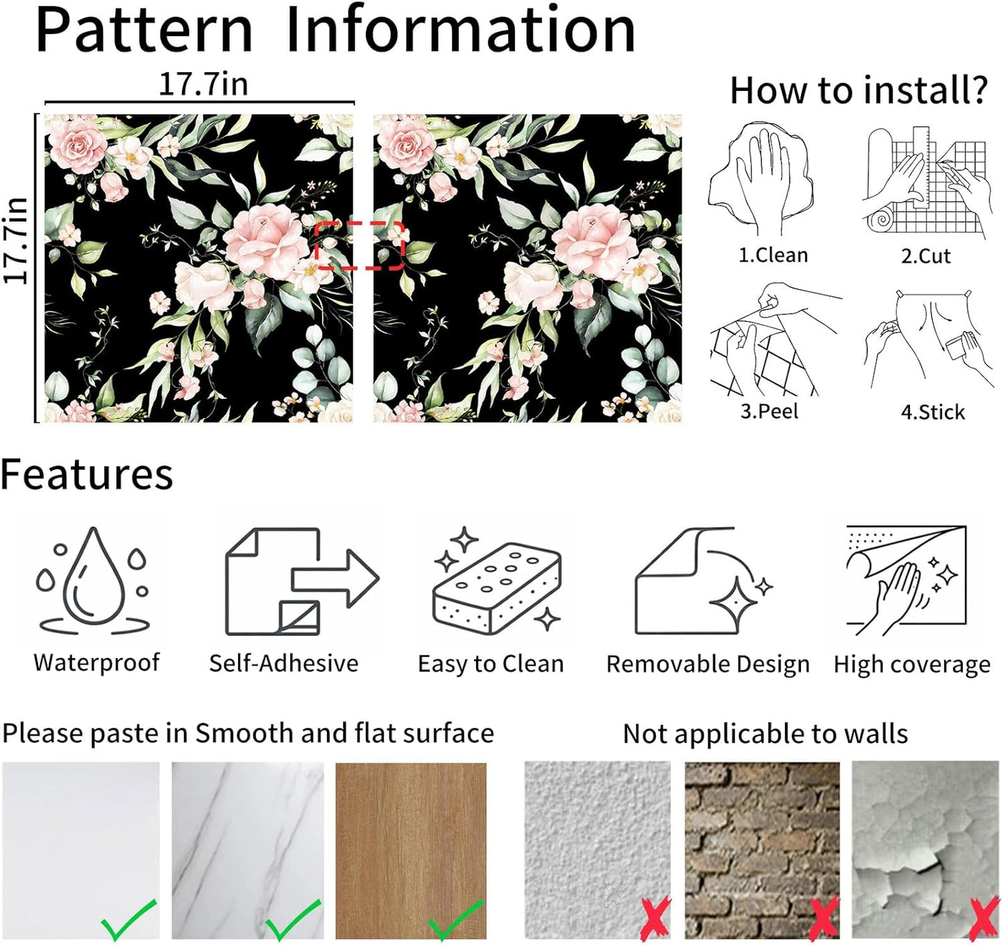 Pink Floral Peel and Stick Wallpaper Self Adhesive Removable Thick Vinyl Watercolor Botanical Flower Accent Wall for Bedroom Bathroom Living Room Renter Friendly 17.7" x 118"