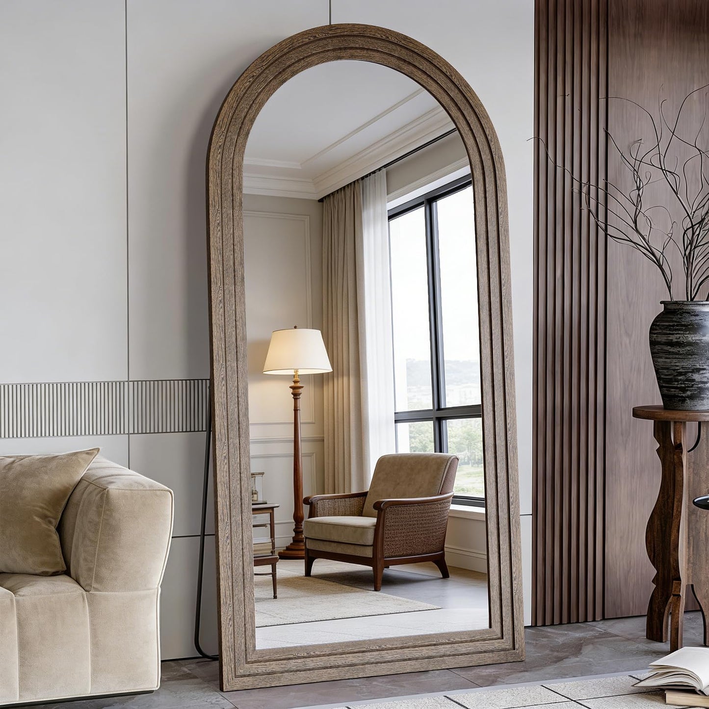 71x32 Inch Arched Full Length Mirror with Solid Wood Frame Wall Mounted Floor Mirror, Vertical Hanging Leaning Standing Mirror for Living Room, Bedroom, Entryway, Brown