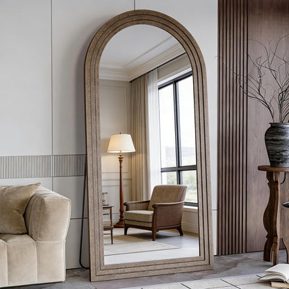 71x32 Inch Arched Full Length Mirror with Solid Wood Frame Wall Mounted Floor Mirror, Vertical Hanging Leaning Standing Mirror for Living Room, Bedroom, Entryway, Brown
