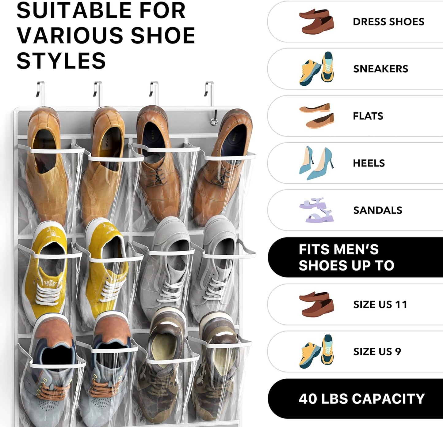 Simple Houseware 24 Pockets - Crystal Clear Over The Door Hanging Shoe Organizer, Gray (64'' x 19'')