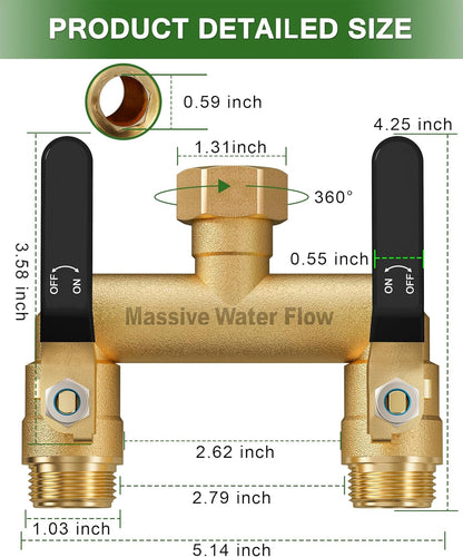 Hose Splitter 2 Way Heavy Duty, Full Flow Garden Hose Splitter with 2 Long Metal Handles, Brass Rust and Freeze Resistant Water Hose Bib Splitter, T Adapter Connector with 3/4 - Inch GHT Thread（Red）
