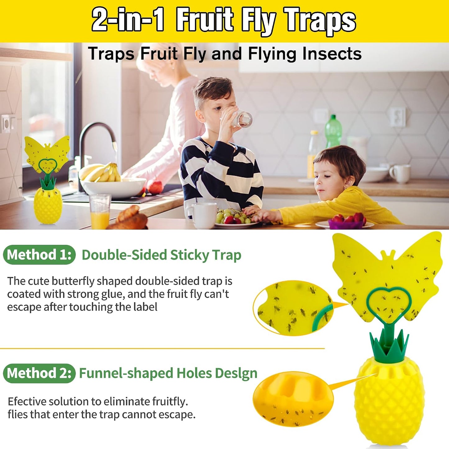 Fruit Fly Trap for Indoors, Effective Fruit Fly Catcher Gnat Killer with Sticker, Gnat Traps for House Indoor with Bait, Non-Toxic Reusable Easy to Use Fly Trap for Kitchen Home-2 Pack