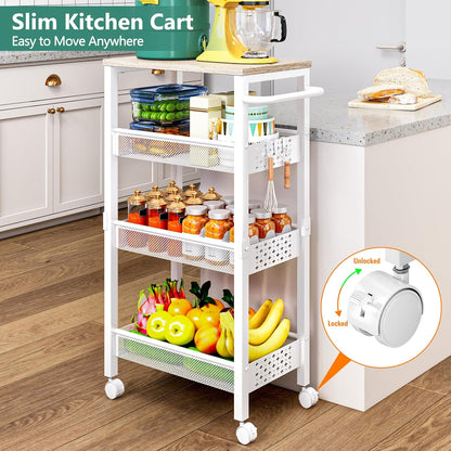 Vivihomety Utility Slim Storage Cart with Wheels, 4 Tier Small Rolling Cart with Wood Top, Metal Kitchen Bathroom Laundry Room Organization Trolley with Handle for Narrow Space – Black