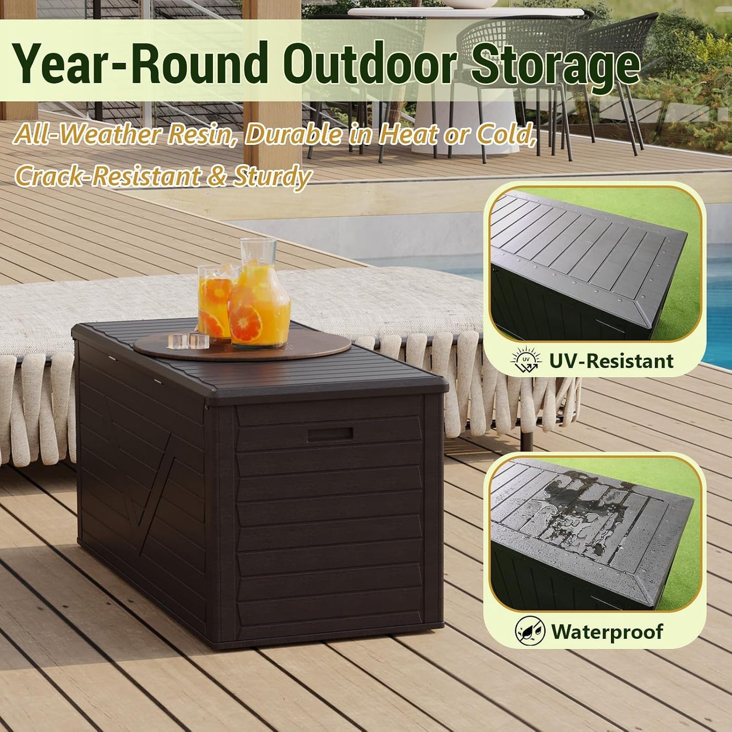 Outdoor Storage Box, 98 Gallon Deck Box, Outdoor Storage Bench, Waterproof Resin Storage Bench with Lockable Lid, Patio Furniture Cushions & Garden Tools Storage, UV Resistant (Black)