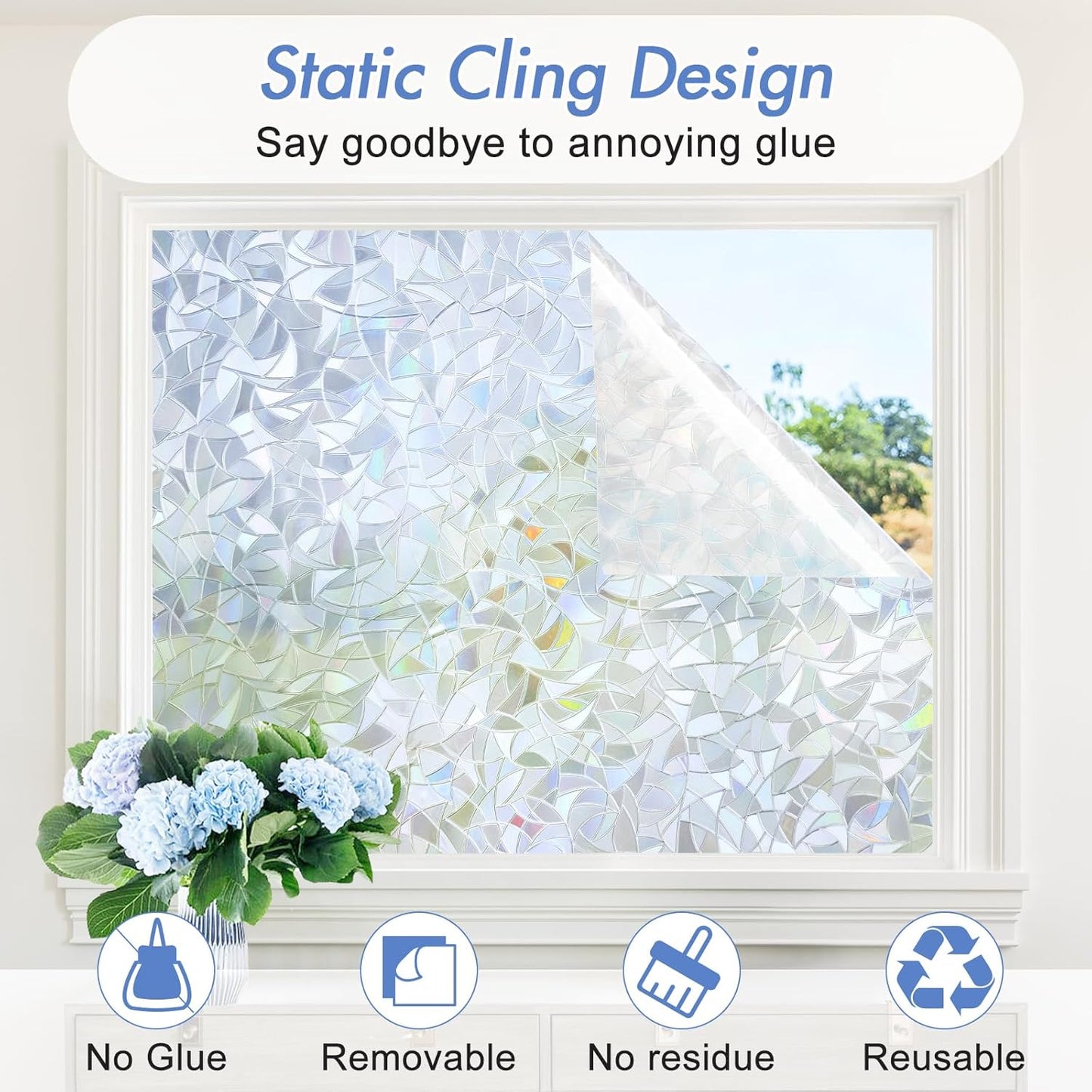 Haton Window Privacy Film, Stained Glass Rainbow Film Decorative Window Clings, Static Cling Sun Blocking Stickers Decals Coverings Tint for Home Heat Control, Non-Adhesive 17.5" x 78.7"