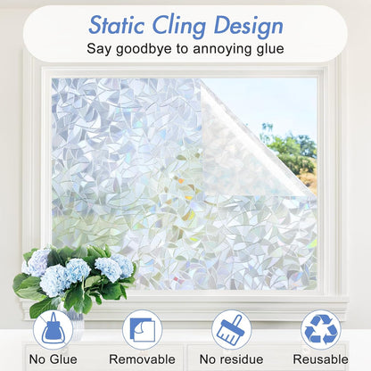 Haton Window Privacy Film, Stained Glass Rainbow Film Decorative Window Clings, Static Cling Sun Blocking Stickers Decals Coverings Tint for Home Heat Control, Non-Adhesive 17.5" x 78.7"