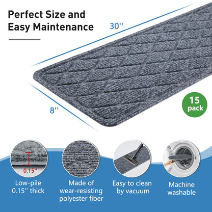 Non Slip Stair Treads for Wooden Steps,15 Pack 8" X 30" Stairs Carpet Treads Indoor with Reusable Peel and Stick Adhesive for Kids Elders and Pets