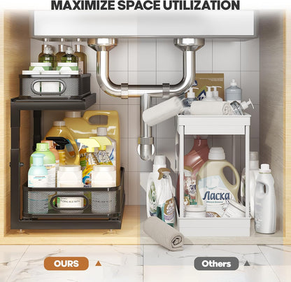 2-Pack Under Sink Storage Organizer with 2-Tier Slide Out Drawer, Sophisticated Mesh Pull Out Shelf for Kitchen & Bathroom, Fits Small Items, Upgraded Arched Track for Smooth Gliding(Patented)