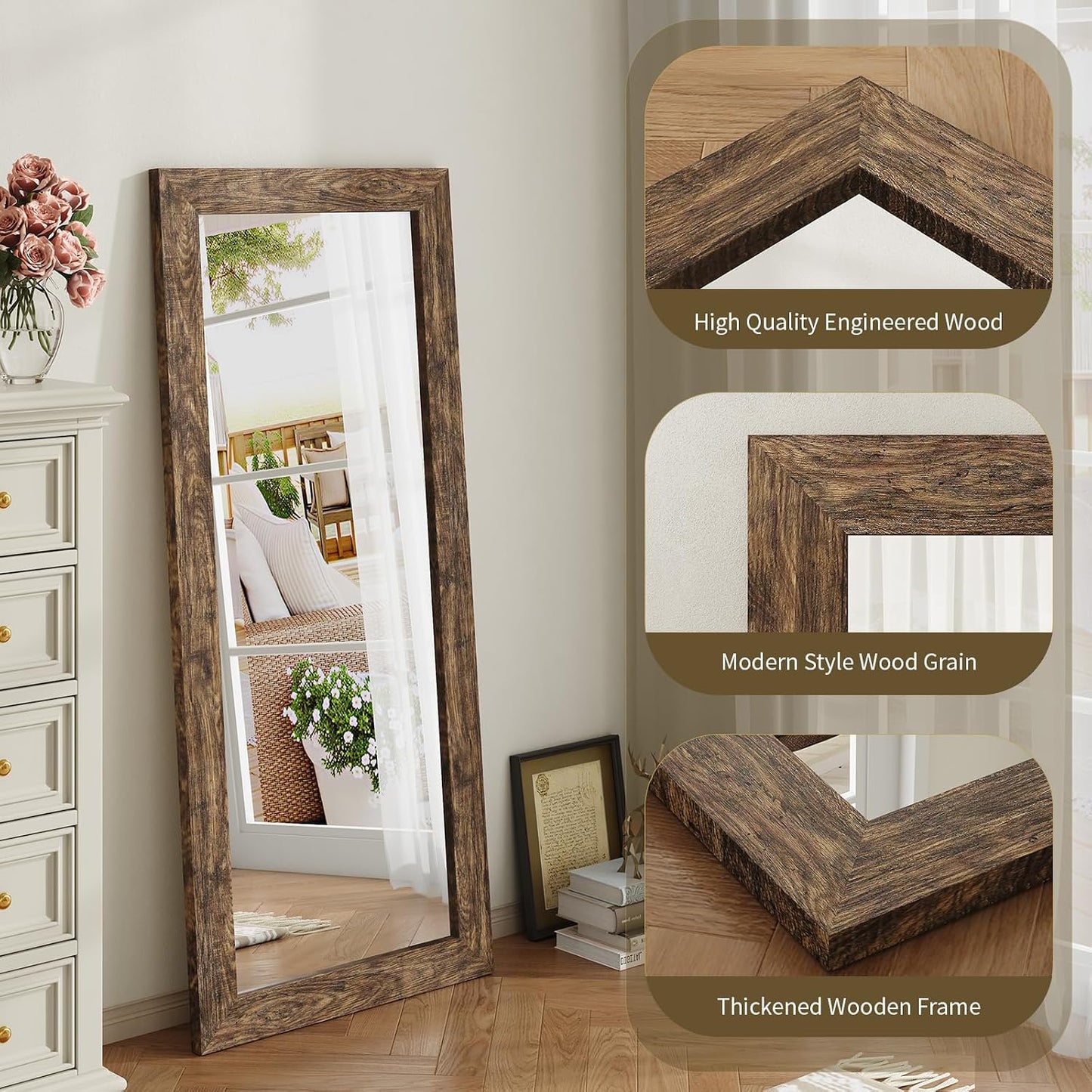 Syndra Modern Full Length Mirror Wood Frame, 65x24'' Large Floor Mirror with HD Tempered Glass & Wall Mount, Rectangular Standing Mirror for Bedroom, Living Room, Entryway, Farmhouse(Grey White Oak)