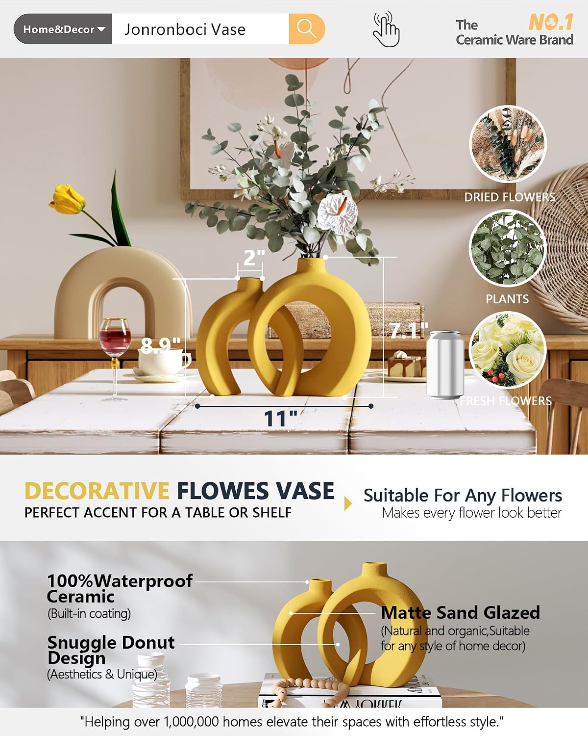 7.2″Hx8.9″H Donut Shape Decorative Vase Set of 2, Ceramic, Modern Minimalism Styles, Flowers or Plant Table Vases for Home Decor Living Room Shelf Entry Console Mantle Dining Centerpiece (Matte White)