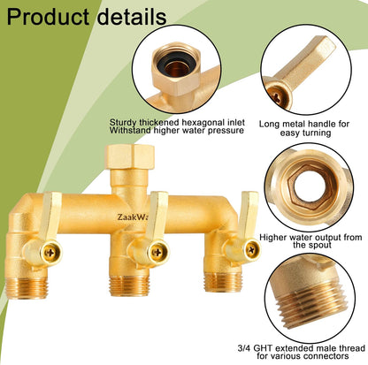 Heavy Duty Brass 2-Way Garden Hose Splitter, 3/4" GHT Threads, Metal Shutoff Valve, Long Handle