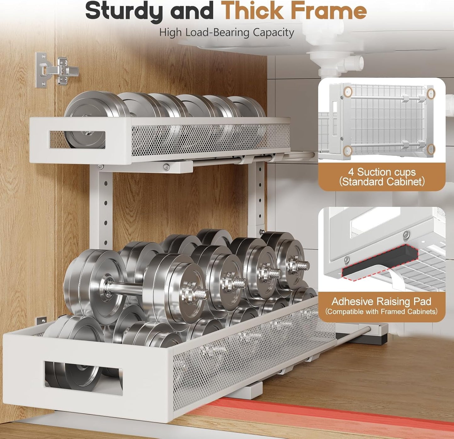 2-Pack Under Sink Storage Organizer, Large 2-Tier Elegant Mesh Pull Out Shelf for Kitchen and Bathroom Cabinet Organization, L-Shaped and Adjustable Height Design,Patent Pending-Black