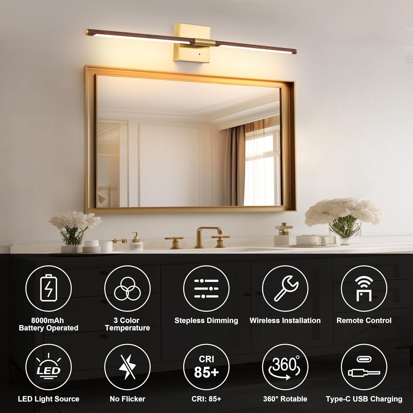 Morauroral Battery Operated Wall Sconces Set of 2, 10000mAh Rechargeable Sconces, 3000K-6000K Dimmable LED Wall Lamp with Remote, 24 Inch Black Gold Wireless Wall Lights for Bedroom, Living Room