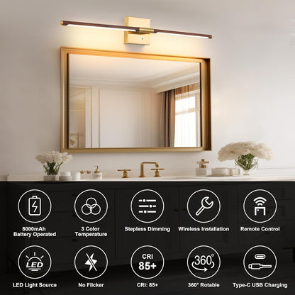 Morauroral Battery Operated Wall Sconces Set of 2, 10000mAh Rechargeable Sconces, 3000K-6000K Dimmable LED Wall Lamp with Remote, 24 Inch Black Gold Wireless Wall Lights for Bedroom, Living Room
