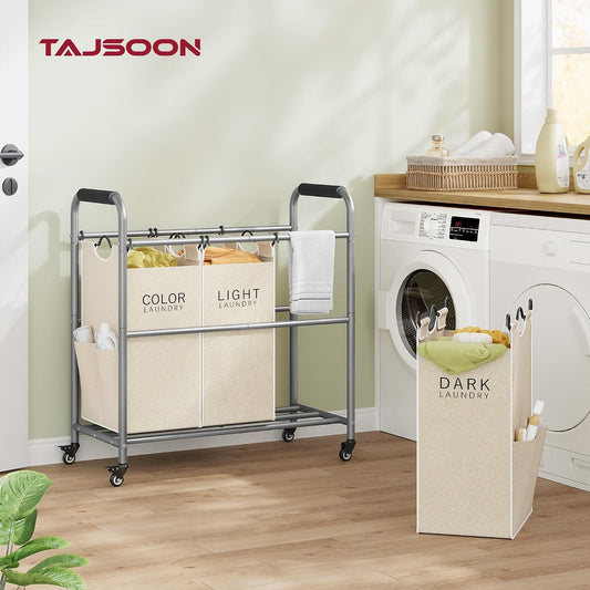 Tajsoon 3 Bag Laundry Sorter Cart, Laundry Hamper Sorter Basket with Heavy Duty Lockable Rolling Wheels for Clothes Storage, 3 Colors