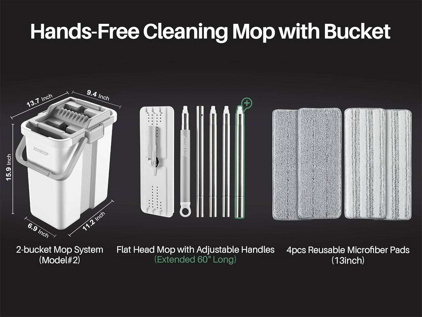 JOYMOOP Mop and Bucket Set, Flat Mops for Floor & Wall Cleaning, Commercial & Household Use, Hardwood Floor Mop with Long Handle & 4 Microfiber Pads