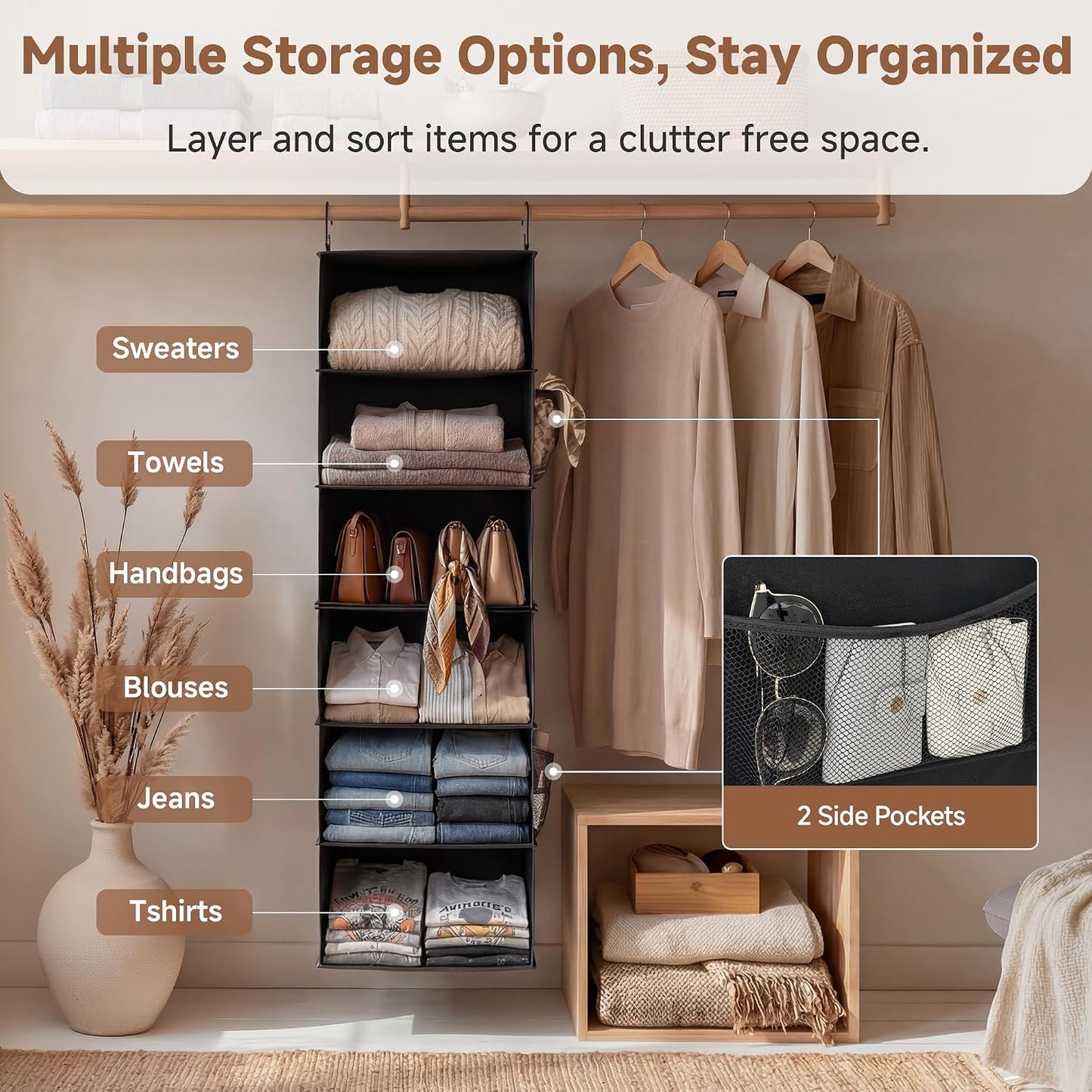 StorageWorks 6-Shelf Closet Organizers, Two 3-Shelf Separable Hanging Shelves for Closet, 12 1⁄2" D x 12 1⁄2" W x 47 ¼" H, Mixing of Beige, White & Ivory