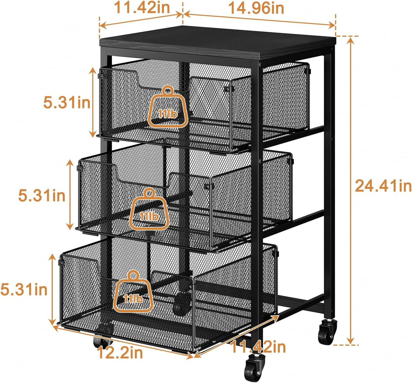 4 Tier Kitchen Rolling Cart, Kitchen Storage Cart with Wheels, Adjust Pantry Organizer and Storage Cart with Drawer, Fruit Vegetable Spice Storage Cart, Wooden Top Metal Kitchen Organizer Rack Stand