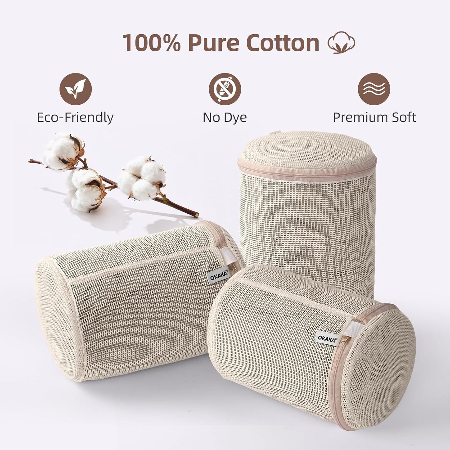 100% Pure Cotton Mesh Laundry Bags, Bra Lingerie Wash Bags for Delicates, No Dye, Set of 3, Natural(8x6.5 Inch)