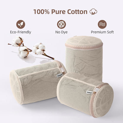 100% Pure Cotton Mesh Laundry Bags, Bra Lingerie Wash Bags for Delicates, No Dye, Set of 3, Natural(8x6.5 Inch)