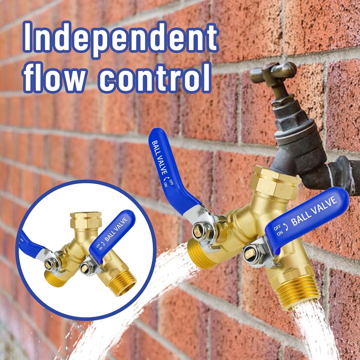 2 Way Hose Splitter, GHT3/4 Water Hose Splitter For Outdoor Spigot | for Yard Irrigation,Individual Shut Off Valves,Heavy Duty Brass ,Full Flow Port,Double Spigot,Swivel Joint