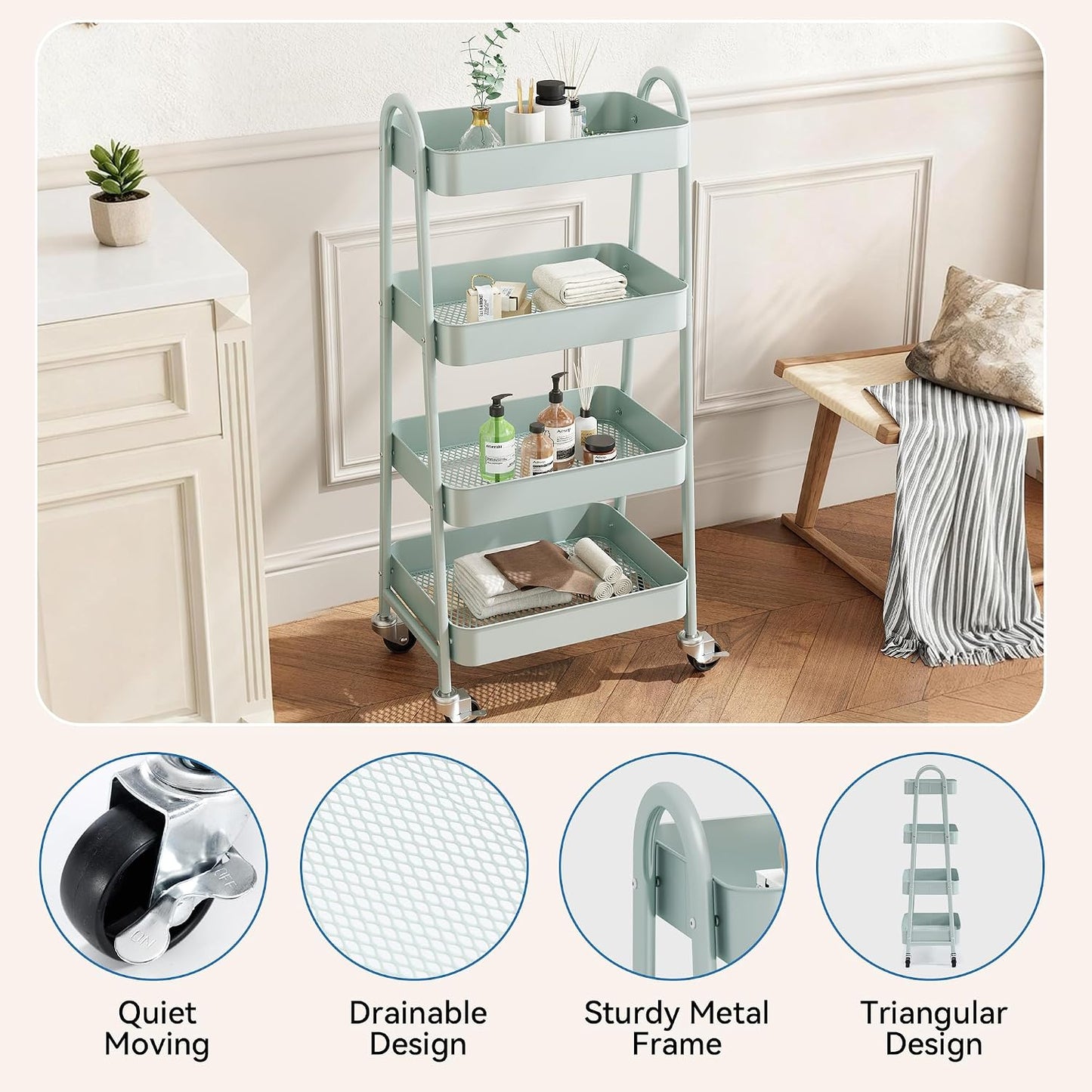 OLIXIS Metal 4 Tiers Utility Rolling Cart, Mobile Storage Shelf with Lockable Caster Wheels, Organization for Livingroom, Bathroom, Kitchen, & Narrow Places, 4-Tier Green