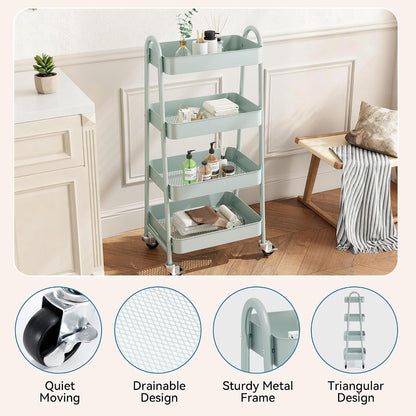 OLIXIS Metal 4 Tiers Utility Rolling Cart, Mobile Storage Shelf with Lockable Caster Wheels, Organization for Livingroom, Bathroom, Kitchen, & Narrow Places, 4-Tier Green
