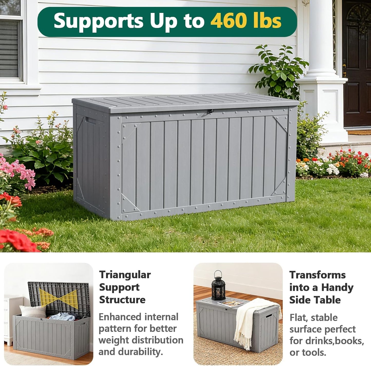 Outdoor Storage Box, 98 Gallon Deck Box, Outdoor Storage Bench, Waterproof Resin Storage Bench with Lockable Lid, Patio Furniture Cushions & Garden Tools Storage, UV Resistant (Black)