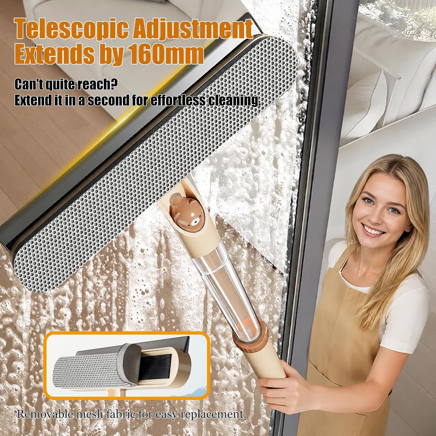 5-in-1 Double-Sided Window Screen Cleaning Brush, Multi-Purpose with Scraper, Built-in Crevice Brush, Extendable Dry & Wet Handle for Home, Office, Car & Porch Screens (Khaki)