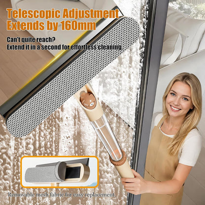 5-in-1 Double-Sided Window Screen Cleaning Brush, Multi-Purpose with Scraper, Built-in Crevice Brush, Extendable Dry & Wet Handle for Home, Office, Car & Porch Screens (Khaki)
