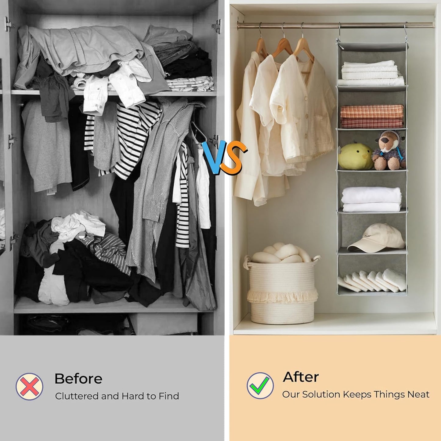 MAX Houser 6 Tier Shelf Hanging Closet Organizer, Closet Hanging Shelf with 2 Sturdy Hooks for Storage, Foldable (Grey)