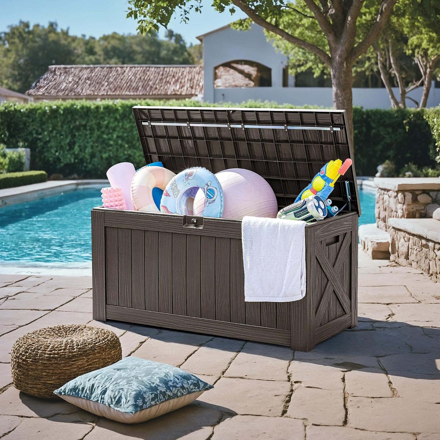 Greesum 120 Gallon Deck Box, Resin Outdoor Storage Container for Patio Furniture, Garden Tools, Pool Accessories, Weatherproof, Lockable, Black