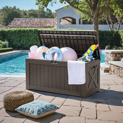 Greesum 120 Gallon Deck Box, Resin Outdoor Storage Container for Patio Furniture, Garden Tools, Pool Accessories, Weatherproof, Lockable, Black