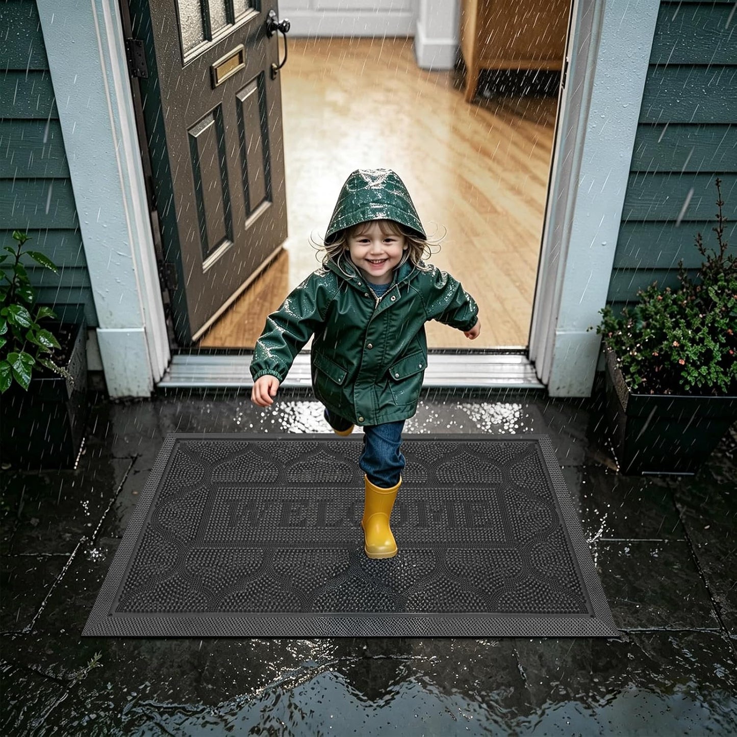 FRAMICS Front Door Mat Outside Entrance, Heavy Duty Rubber Door Mats Outdoor Welcome Mat Waterproof Doormat Non Slip for Entryway Doormats Dirt Trapper Indoor Mats All Seasons, 17 x 30 Inches, Black