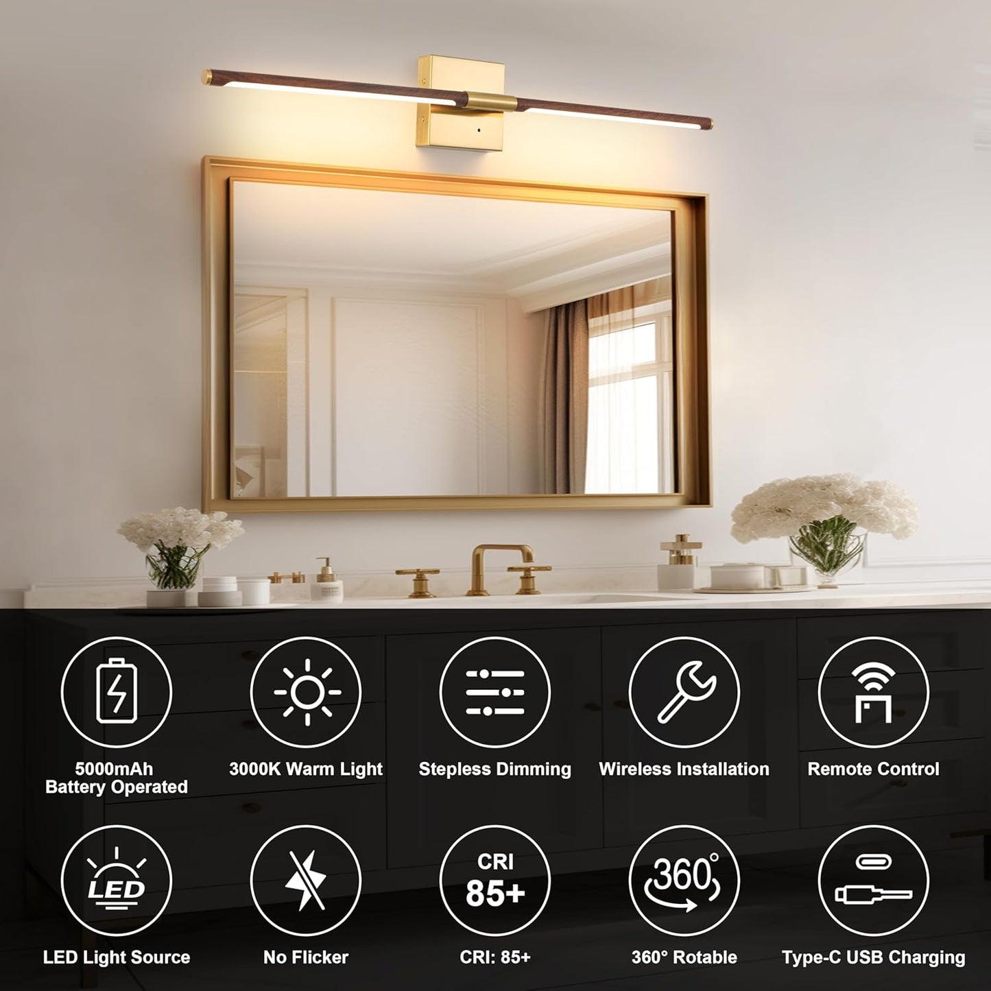 Morauroral Battery Operated Wall Sconces Set of 2, 10000mAh Rechargeable Sconces, 3000K-6000K Dimmable LED Wall Lamp with Remote, 24 Inch Black Gold Wireless Wall Lights for Bedroom, Living Room