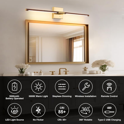Morauroral Battery Operated Wall Sconces Set of 2, 10000mAh Rechargeable Sconces, 3000K-6000K Dimmable LED Wall Lamp with Remote, 24 Inch Black Gold Wireless Wall Lights for Bedroom, Living Room