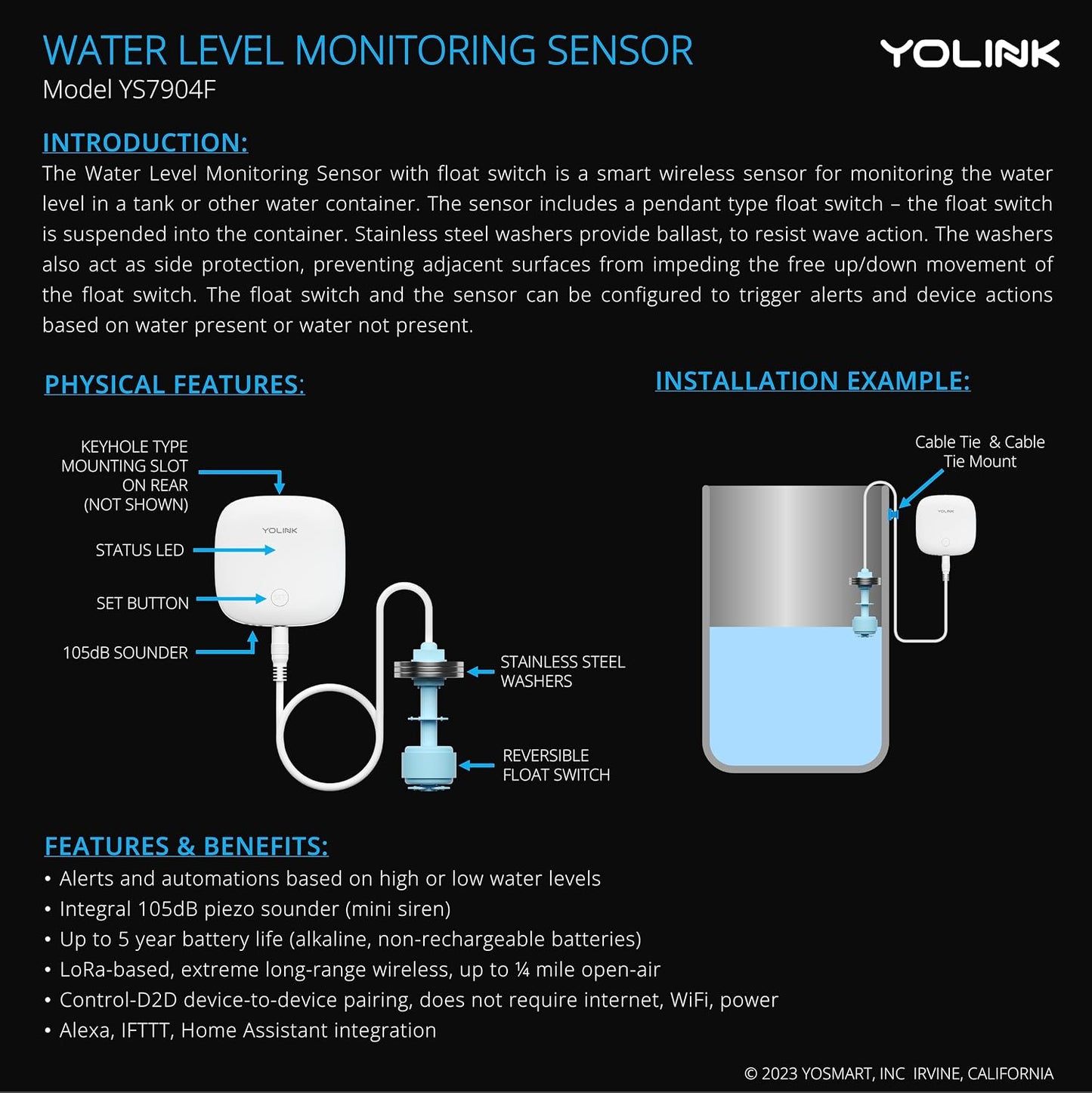 YoLink LoRa Smart Water Level Monitoring Sensor, Wireless Battery-Powered Float Switch Alarm, Sump Pump Alarm, AC Condensate Overflow, Tank Level, Toilet Leak Sensor, 105dB Siren, YoLink Hub Required