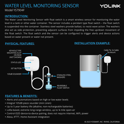 YoLink LoRa Smart Water Level Monitoring Sensor, Wireless Battery-Powered Float Switch Alarm, Sump Pump Alarm, AC Condensate Overflow, Tank Level, Toilet Leak Sensor, 105dB Siren, YoLink Hub Required