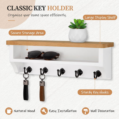 Nekon Key Holder Wall Mount, Wall Organizer Shelf with 5 Key Hooks, Room Decor for Home and Apartment Essentials, White