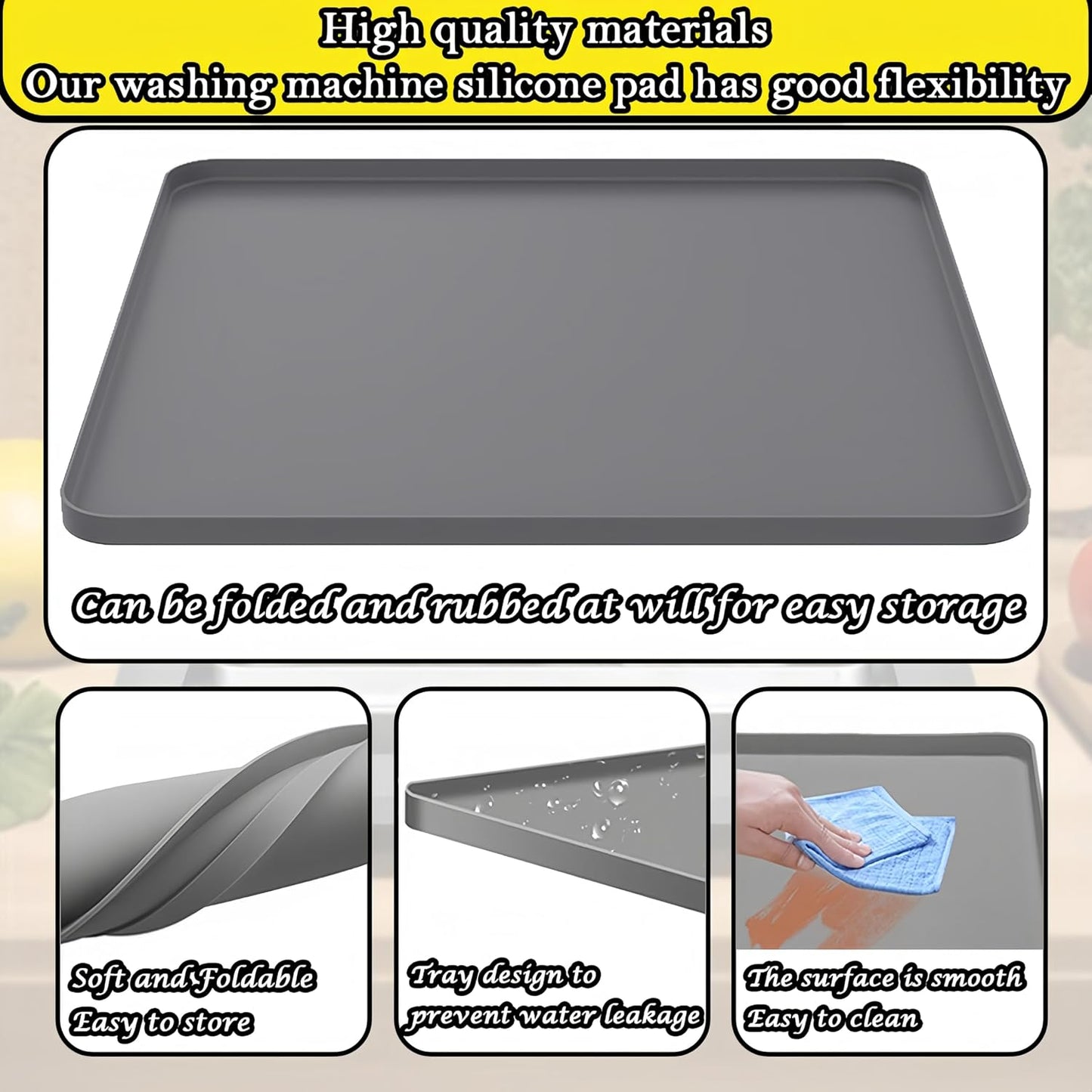 27×27inch Washer Drain Pan Silicone Mat, With Raised Edge Washing Machine Silicone Mat, Multi-function Non Slip, Soft Foldable Portable Waterproof Pad（grey）