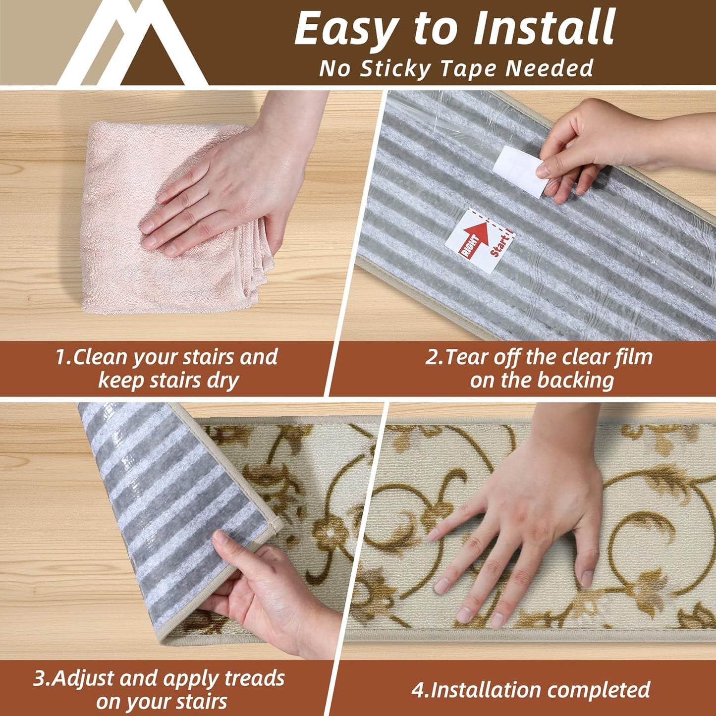 COSY HOMEER Stair Treads for Wooden Steps Non Slip Washable 8" X 30" 4pcs | Self Adhesive,Peel and Stick,Soft Carpet Stair Treads for Kids,Elder,Pet,Residue Free,Reusable Stair Runner,Multi-Surface Use
